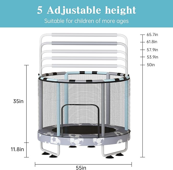 LAMERGE 55" 7-in-1 Round Trampoline for Kids Boys & Girls Ages 1-8, Indoor & Outdoor Trampoline for Fun, Adjustable Height Handrail ＆ Enclosed Safety Net ＆ Durable Designs for Toddlers Children