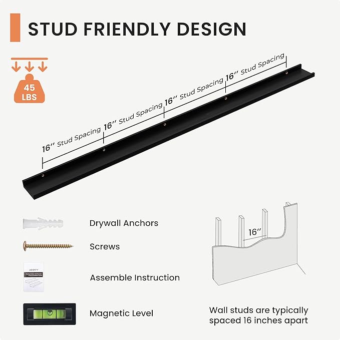 Picture Ledge Shelf, 72 inch Solid Ash Wood Floating Shelves Set of 2, Picture Ledge Ledge Wall Mounted for Living Room Kids' Room Bedroom, Color Black