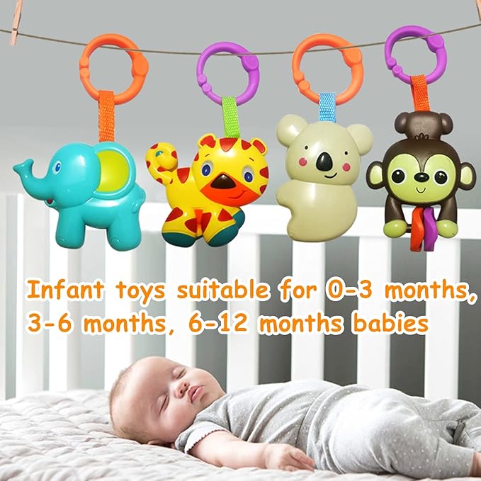 Baby Toys, Cartoon Animal Hanging Rattle Toys, Handbells Baby Rattles, Baby Bed Crib Car Seat Travel Stroller Toys for Infant, Best Birthday Gift for Newborn, 4 Pack