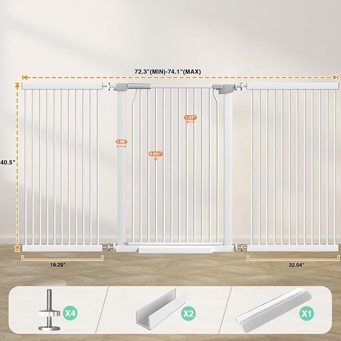 40.5" Extra Tall Baby Gate, 72.3"-74.1" Extra Wide Large Dog Pet Gate Indoor, Long Safety Child Gate for Stairs No Drill, Metal Auto Close Doggie Pet Gate for Doorway Stairs, White
