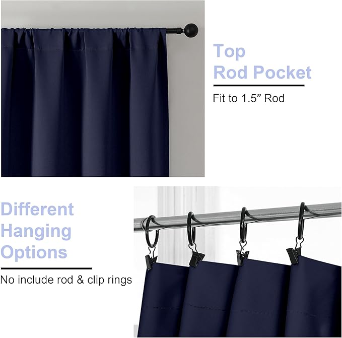 Simplebrand Ava Navy Blue Short 36 Inches Blackout Curtain 2 Panels Set, Half Window Rod Pocket Privacy Curtain Tiers for Kitchen, Curtains Blackout for Bathroom Shades, W40 x L36 Inch, Navy Blue