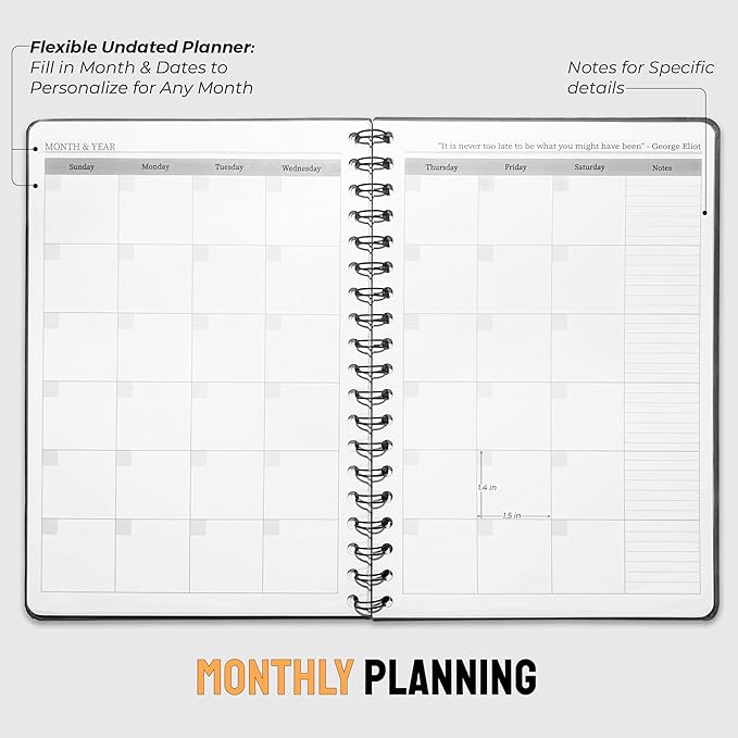 Undated Monthly Planner 2025-2026 - 18 Month Monthly Calendar Planner Book for School Office and Home - Hardcover Blank Planners for Goals Tasks and Dates - B5(6.9" x 9.8") Black