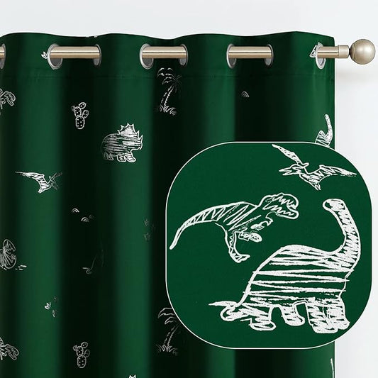 Vangao Kids Curtains Green Blackout Dinosaur Curtains for Boys Kids Nursery Girls Room Silver Dino Foil Print Thermal Insulated Drapes Grommet Top Window Treatments 63 Inches Length 2 Panels
