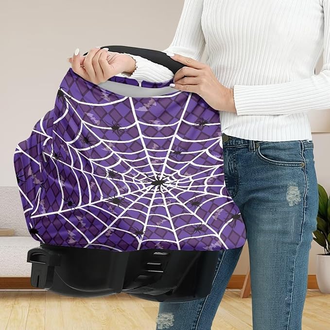 Binienty Halloween Spider Web and Bat Baby Car Seat Canopy Cover Halloween Decoration Nursing Cover for Breastfeeding Carseat Covers for Boy Girls