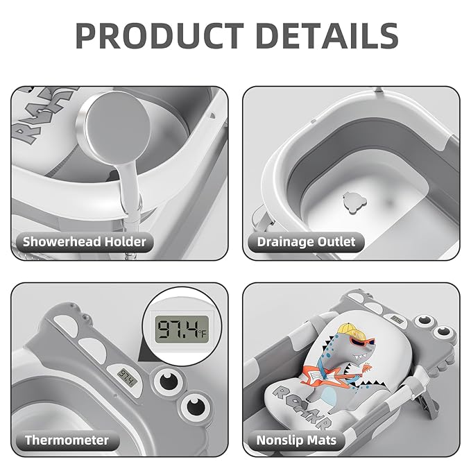 TPN Collapsible Baby Bathtub, Baby Bath Tub with Soft Cushion & Real-Time Thermometer, Baby Bathtub Infant to Toddler Tub (0-36 Months), Portable Newborn Travel Bath tub