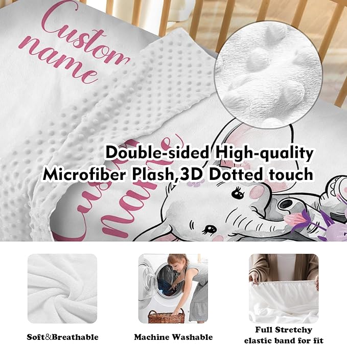 Personalized Nursery Crib Bedding Set: Custom Name Purple Flower 5 Piece Baby Crib Sets with Elephant Design - Toddler Double Layer Blanket Set, Comfortable Crib Bed Sheets for Baby Grils