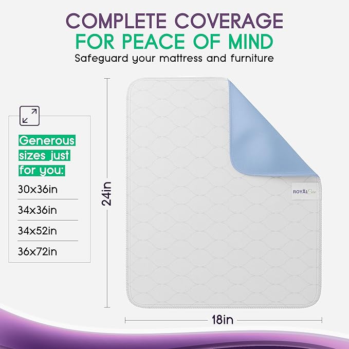 Incontinence Bed Pads - 18x24 | Cotton Blend | Washable Bed Pads for Adults, Children, Pets and Seniors Waterproof | Pack of 4, Blue, by Royal Care