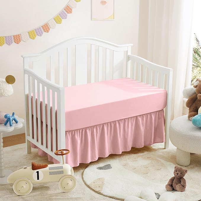 Horbaunal 2 Pack Set Crib Skirt & Crib Bed Sheet, Pink Crib Bed Skirt 28" x 52" with 14" Drop Dust Ruffle, Soft Microfiber Toddler Bedskirt Nursery Bedding Skirt for Baby Girls and Boys