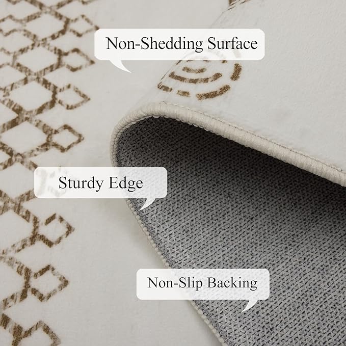 Washable Rugs 5x7 Area Rugs for Living Room, Thin Carpet for Bedroom, Boho Soft Faux Wool Retro Dining Room Rug，Non Slip&Non-Shedding Resistant Low Pile Vintage Print Rug for Home Office (Beige)