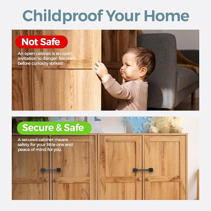 Cabinet Locks Baby Proofing (6-Pack Black) - Child Proof Cabinet Locks, No Drilling, Easy Installation, Adjustable & Reusable, Drawer Locks Baby Proofing