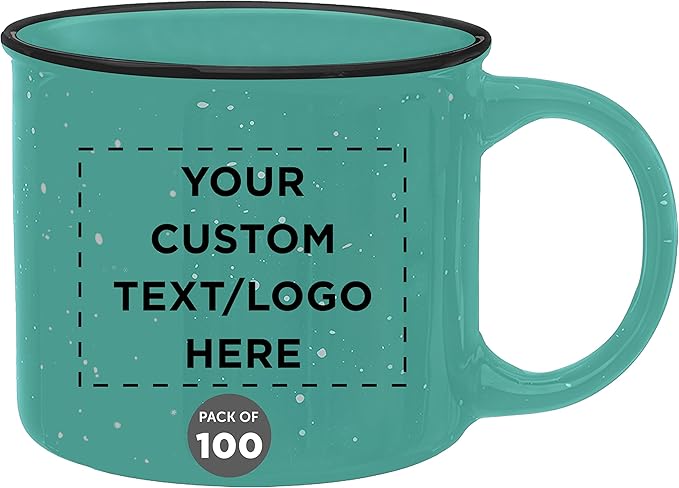DISCOUNT PROMOS Custom Ceramic Campfire Coffee Mugs 13 oz. Set of 100, Personalized Bulk Pack - Perfect for Tea, Espresso, Cappuccino, Hot Cocoa - Mint