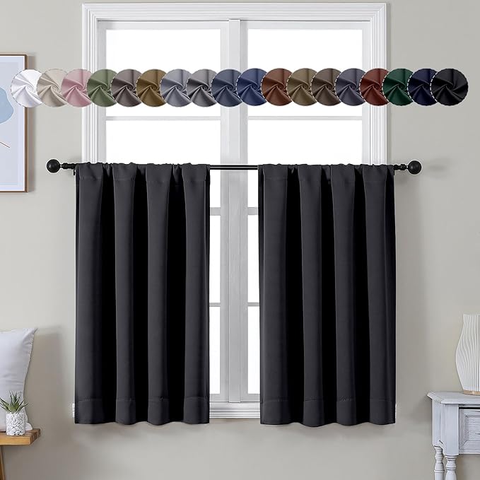 Simplebrand Ava Halloween Black Short 36 Inches Blackout Curtain 2 Panels Set, Half Window Rod Pocket Privacy Curtain Tiers for Kitchen, Curtains Blackout for Bathroom Shades, W40 x L36 Inch, Black