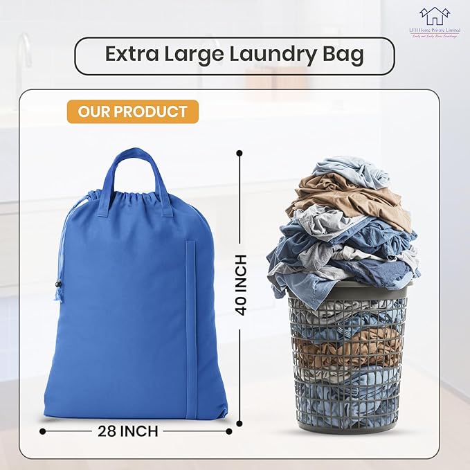 LFH Home Cotton Canvas Large Laundry Bag with Handle, Heavy Duty Drawstring Closure Washable Laundry Bags, School Travel, Home, Hotel, College Dorm, Organizer Sack, Toys Clothes 28x40-Sky Blue