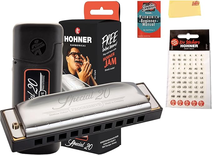 Hohner Special 20 Harmonica - Key of C Bundle with Key Stickers, Plastic Case, Instructional Manual, and Austin Bazaar Polishing Cloth
