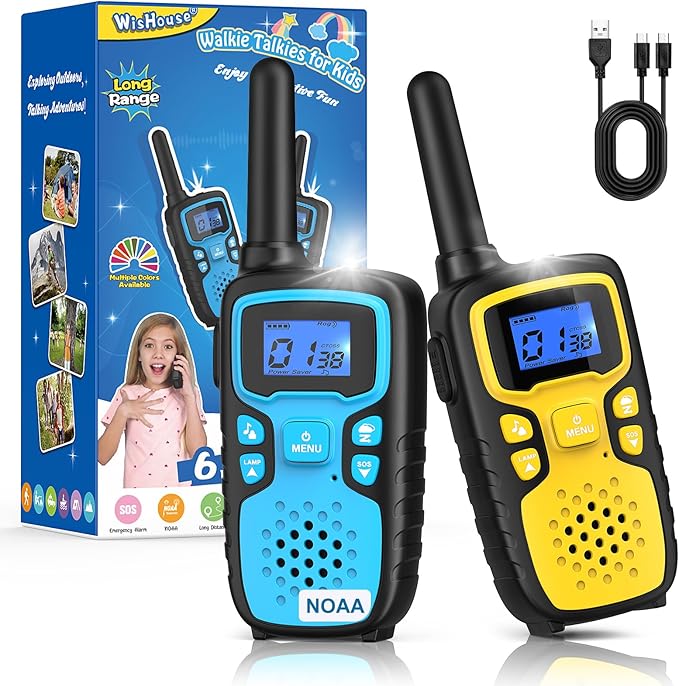 Wishouse Walkie Talkies for Kids Rechargeable Long Range,Xmas Birthday Gift for 4 5 6 7 8 9 Year Old Boys Girls,Hiking Gear Camping Games Cool Toys with NOAA,SOS Siren,Lamp,Lanyards,2 Pack Blue Yellow