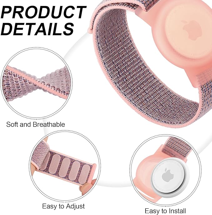Kids Wristband Protective Case Compatible with Apple AirTag, Adjustable Nylon Bracelet for Air Tag GPS Tracker Holder with Anti Lost Watchband for Toddler Child Kids (Pink)