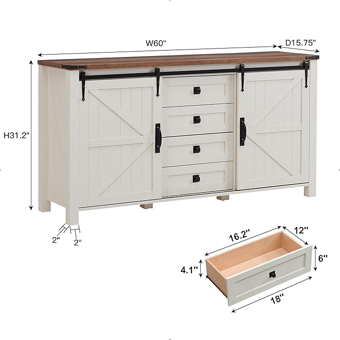T4TREAM 60'' Farmhouse Dresser Chests for Bedroom w/4 Drawers & Sliding Barn Doors, Tall Chest of Drawers, Rustic Dresser TV Stand, Organizer for Bedroom, Living Room, Kitchen, Antique White