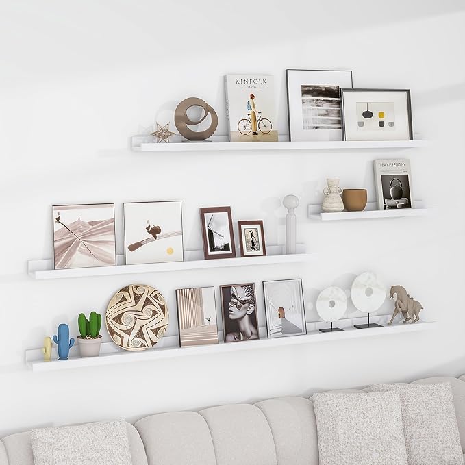 Solid Ash Wood Picture Ledge Shelf, 24 Inch Floating Shelves with Lip Set of 2, Photo Ledge Shelf Nursery Bookshelf Wall Mounted for Living Room Bedroom Decor, White