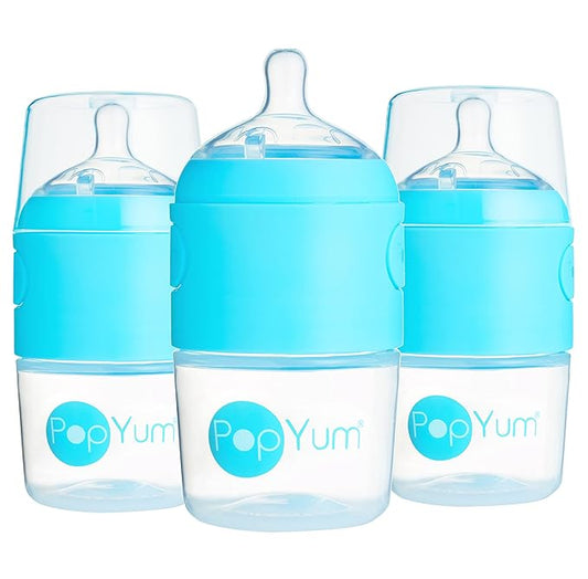 PopYum 5 oz Blue Anti-Colic Formula Making/Mixing/Dispenser Baby Bottles, 3-Pack with #1 Slow Flow Nipples, 150 ml, BPA-Free, Natural Latch