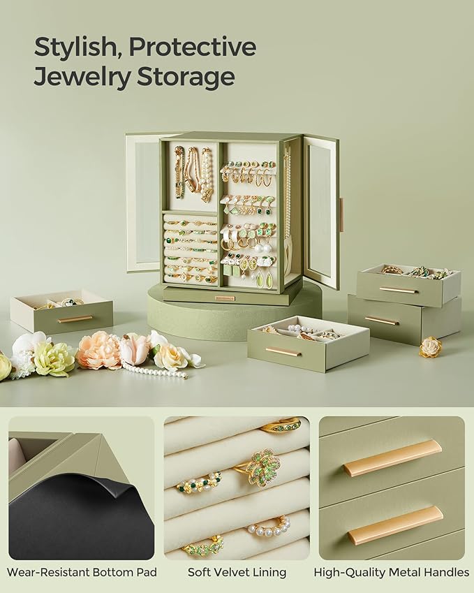 SONGMICS Jewelry Box 360° Rotating, Jewelry Storage Case with 5 Drawers, Jewelry Organizer, Glass Window, Spacious, Vertical Jewelry Storage, Open Design, Great Gift, Laurel Green UJBC170C02