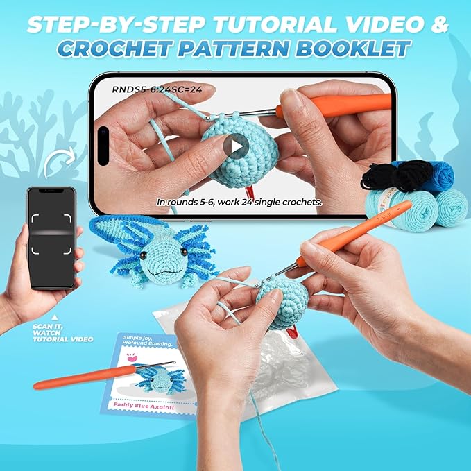 MOREJMTT Crochet Kit for Beginners, Crochet Animal Kits,Crocheting Kit for Starters, Learn to Crochet with Step-by-Step Video Tutorials, Beginner Crochet Kit for Adults(1 Pack Axolotl)