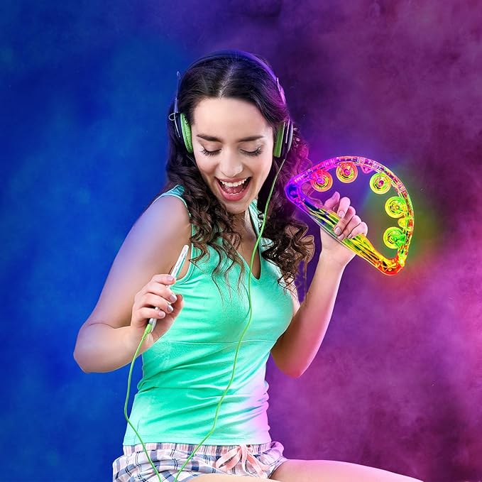 Aywewii LED Tambourine, Light Up Toys Handheld Musical Flashing Tamborine Sensory Toys Autism Toys Party Supplies for Birthday Anniversaries Gifts for Kids Adults Teens(Four Colors are Randomly Sent)
