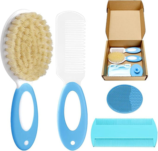 Baby Hair Brush and Comb Set, 4Pcs Baby Soft Bristles Hairbrush Cradle Cap Brush Hair Comb for Newborns Toddlers Boys Girls (Blue)