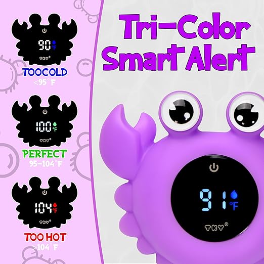 TKY Baby Bath Thermometer with Floating Toys & Room Temperature Monitor - Rechargeable Digital Thermometer with Temperature Alerts, Bath Essentials for Newborns, Infants Crab (Purple)