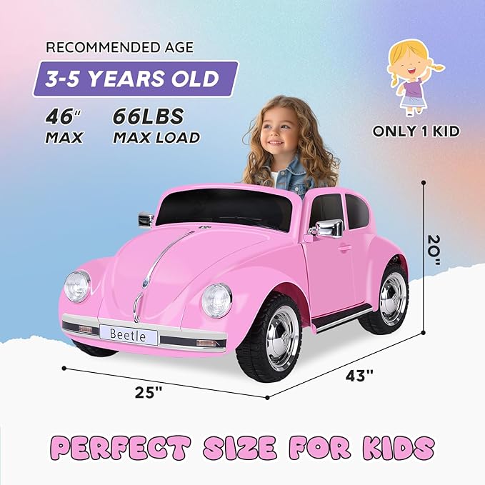 12V Kids Electric Car, Power Wheels with Remote Control, Ride on Car Toys with LED Light, 3 Speeds, Music, Pink