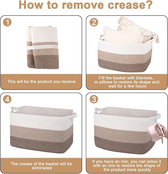 OIAHOMY Rectangle Woven Storage Basket - Nursery Cotton Rope Baskets for Storage, Toy Basket Organizing for Living Room, 17.7"x13.8"x11"- Pack of 3 - Gradient Yellow