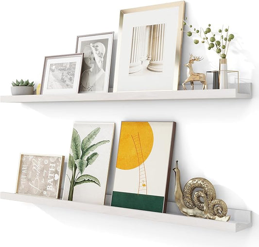 Solid Ash Wood Picture Ledge Shelf, Wood Floating Shelves Set of 2, 48 Inch Long Large Photo Ledge Shelves, Nursery Book Shelves Wall Mounted for Living Room Kids' Bedroom Decor, White