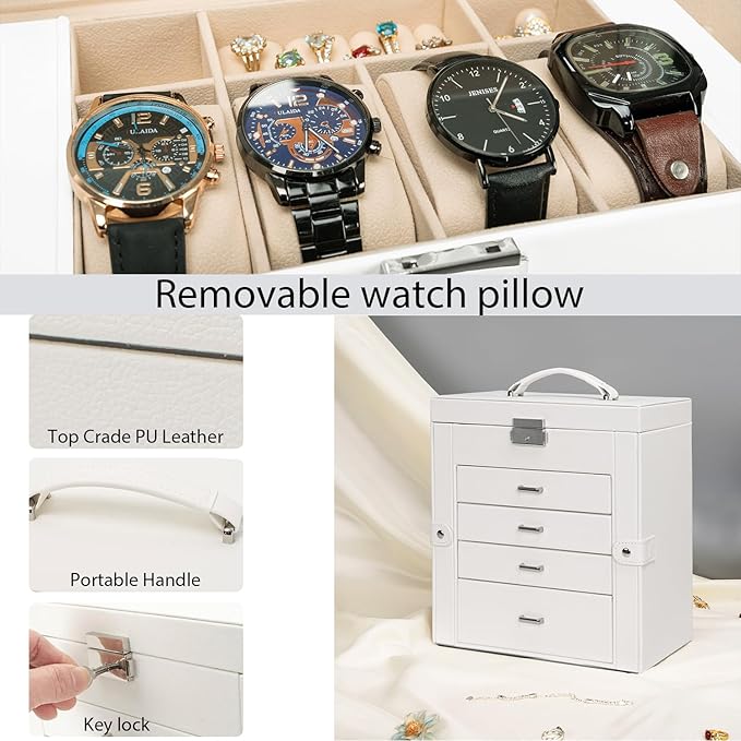 AKOZLIN 5-Tier Jewelry Box Lockable Leather Jewelry Storage Case with 4 Drawers for Women Girls Ring Necklace Earring Bracelet Watches Holder Organizer with Mirror