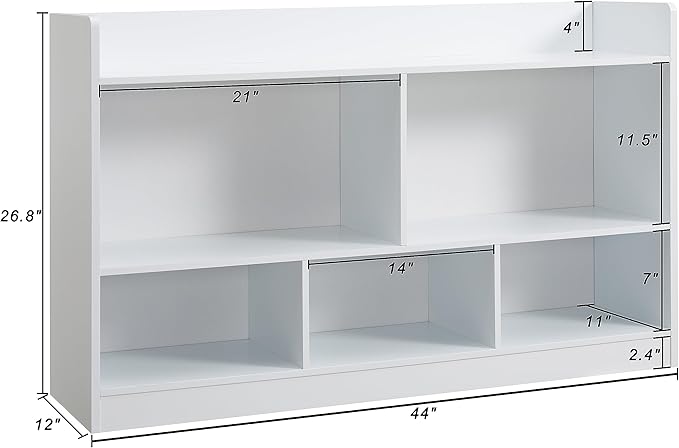 Kids Toy Storage Organizer, 5-Section Bookshelf for Organizing Books Toys, Wooden Storage Cabinet Daycare Furniture for School, Classroom Playroom, Nursery, Kindergarten (White)