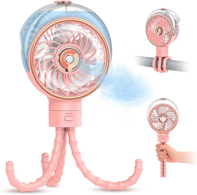 Ausic Stroller Fan with Mist, 100ml Misting Portable Fan for Stroller, Baby Fans with Detachable Tripod, Baby Essentials, Clip on Fans for Crib, Treadmill, Car Seat, Outdoor