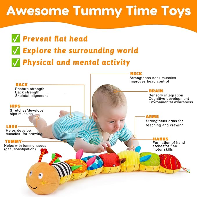 Baby Sensory Caterpillar Toys 0-3 Month Music Animal Stuffed Plush Toy for Infant 0-3-6-12 Month Tummy Time with Crinkle Rattle for Newborn 9-12 Month Texture Toy for Boy Girl Birthday Shower 1