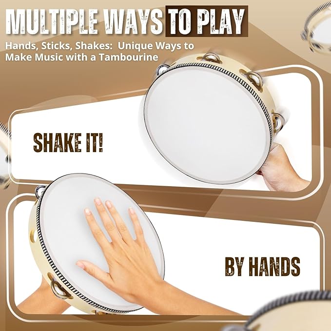 Flexzion Wood Handheld Tambourine for Adults 8-Inch Double Row 8-Pair Jingles (Wood) - Percussion Round Tamborines Musical Instrument with Metal Zills