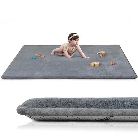 Baby Play Mat for Floor,Extra Large 79"×118" Tummy Time Mat,Thicker Memory Foam Mat for Toddler,Infant,Kids,Water Repellent Ultra Soft Coral Velvet,Non-Slip Backing Safe for Crawling(Dark Grey)