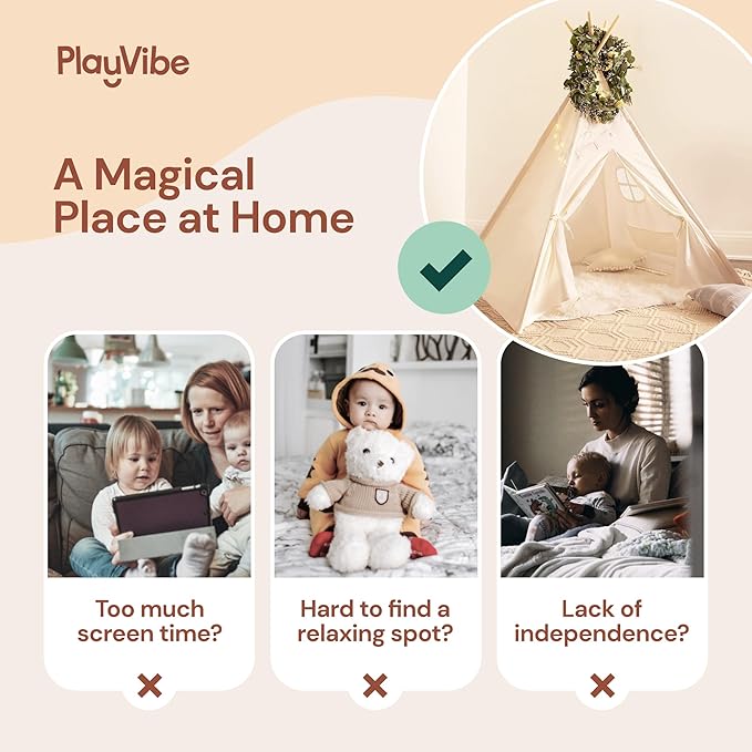 PlayVibe Kids Teepee Canopy - Baby & Toddler Play Shelter with LED Star Lights, Cozy Reading Nook, Party Canvas for Indoor Outdoor Fun - Tent for Kids - Play Tent