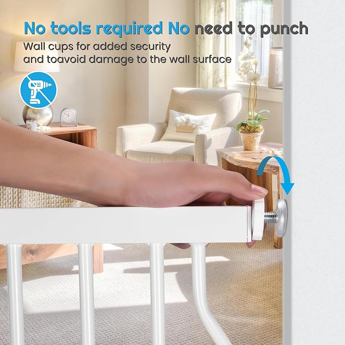 owlie Baby Gate with Door 66-75 Inch, Extra Wide Stair Gates for Kids Adjustable Wide Dog Pet Gate Stairway Large Baby Gates Pressure Mount for Pets for House Stairway Doorway White (30.5'' Tall)