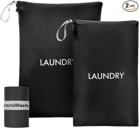 Travel Laundry Bag (2 Pcs - Large + Small) - Foldable Waterproof Washable Wet Dry Bag for Gym, Swimming, Yoga, and Workout Perfect for Dirty Clothes, Bathing Suits, Travel Accessories Black