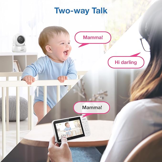 VTech VM924-2 Remote Pan-Tilt-Zoom Baby Monitor with 2 Cameras & Audio,5" LCD Screen,Up to 17Hrs Video Streaming&31Hrs Battery for Audio,Night Vision,1000ft Range,Soothing Sounds,Temperature Sensor