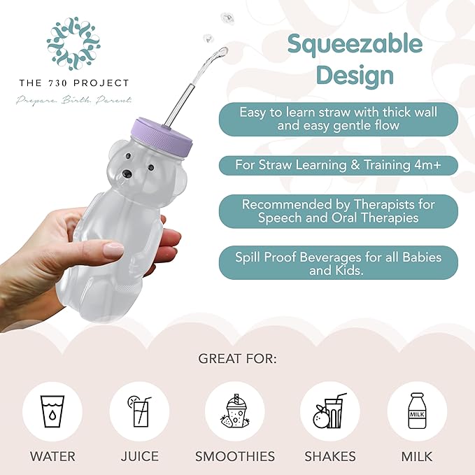 Honey Bear Straw Cup for Babies, 8oz Honey BearCup with Bottle Brush, 2-Pack Improved Lid Therapy Learning Honeybear Straw Cup for Baby, Cherry Blossom & Unicorn