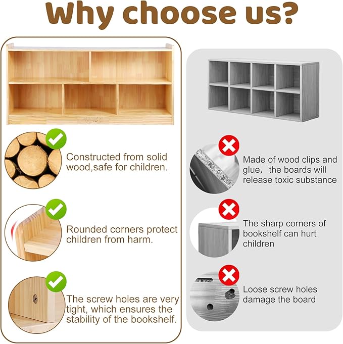 Montessori Shelf, 47-1/4" L Toy Shelf, Toy Storage Organizer with 2-Layer Bookshelf, 5-Section Wooden Storage Cabinet, Bookshelf for Kids Rooms, Playroom, School, Nursery