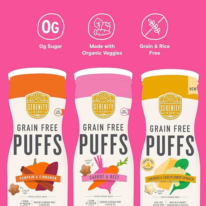 Serenity Kids 6+ Months Grain-Free Baby Puffs Snack - Baby & Toddler Snacks for 6+ Months - No Added Sugar & Gluten & Rice Free - BPA & Allergen Safe with Organic Cassava & Veggies - 1.5 Oz, 6 Pack