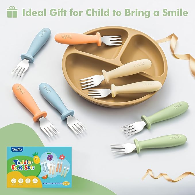 DRKIO 8 Pieces Toddler Forks Set - Baby Forks with Silicone Handle Children safe 18/8 Stainless Steel Toddler Utensils Set for Self Feeding Kids Silverware Anti-Choke Design Food Grade Dishwasher Safe