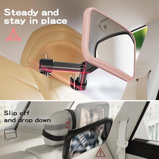 Car Mirror for Baby - Hook Clip Design, Never Shake Car Seat Mirror, Rear Facing, Easy Install, Back Seat Crystal Clear View, ShatterProof Tested - Pink