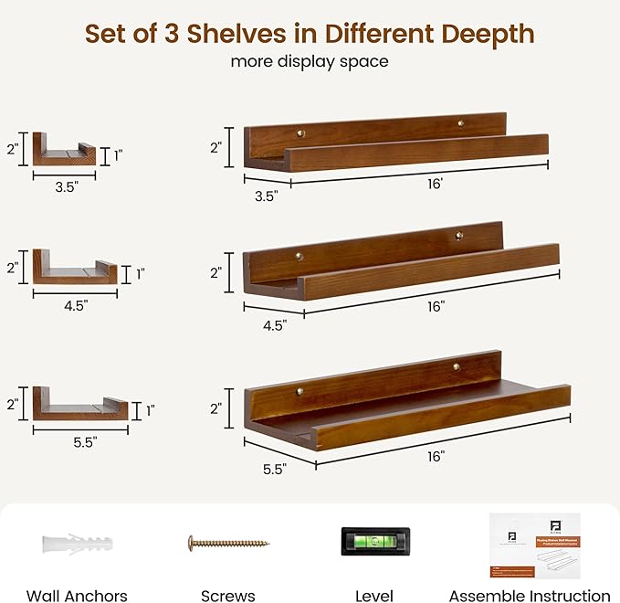 Pine Wood Rustic Floating Ledge Shelves Set of 3, 16 inches Width - Solid Pine, Walnut Finish - Kids' Room to Living Room Wall Decor