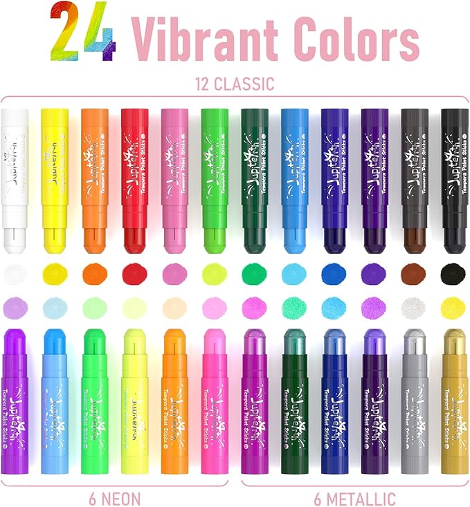 Paint Sticks for Kids 24 Colors, Quick Drying, Smooth, Non-Toxic and Washable Tempera Paint Sticks with 120 PDF Coloring Pages and 30 Stickers, Toddler Art Supplies for Drawing