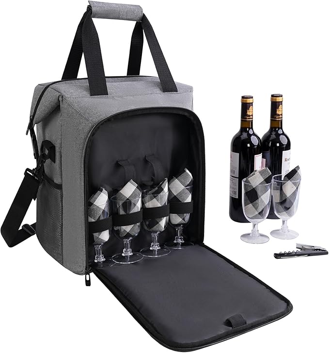 ALLCAMP 6 Bottle Wine Gift Bag - Insulated Tote Cooler, Adjustable Strap, Includes 6 Wine Glasses, Napkins & Corkscrew, Portable Travel Gifting(Gray)