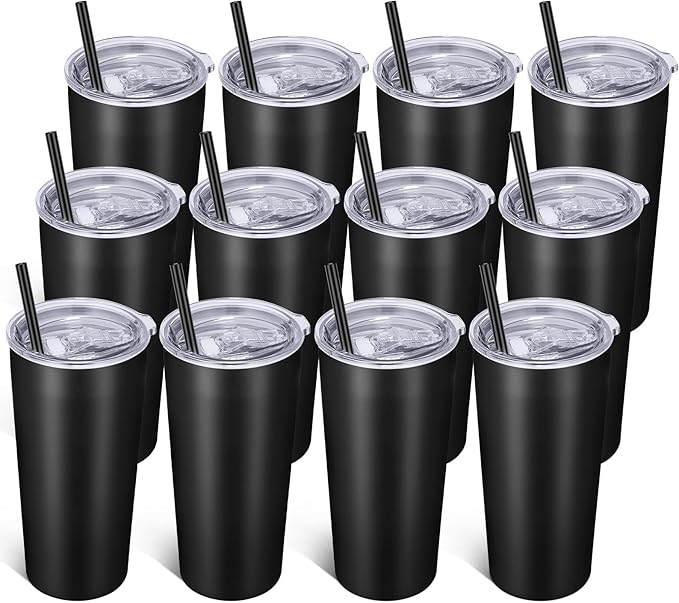 VEGOND 20oz Tumbler Bulk with Lid and Straw 12 Pack, Stainless Steel Vacuum Insulated Tumbler, Double Wall Coffee Cup Travel Mug, Black